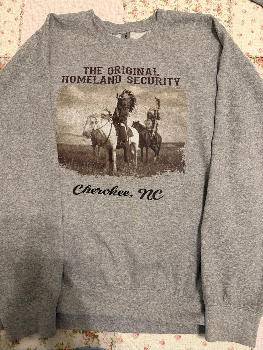 Cherokee, NC 'The Original Homeland Security' Gray Crewneck Sweatshirt